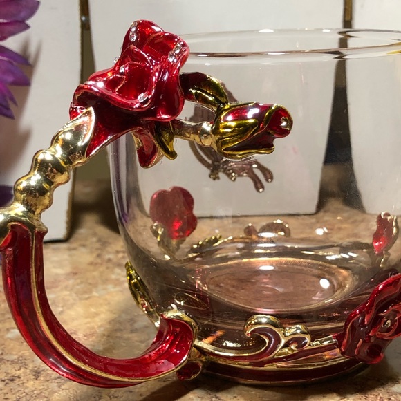 New Kpcuistic Red Rose & Butterfly Tea/Coffee Mug W/Silver Spoon & Coaster - Picture 6 of 11